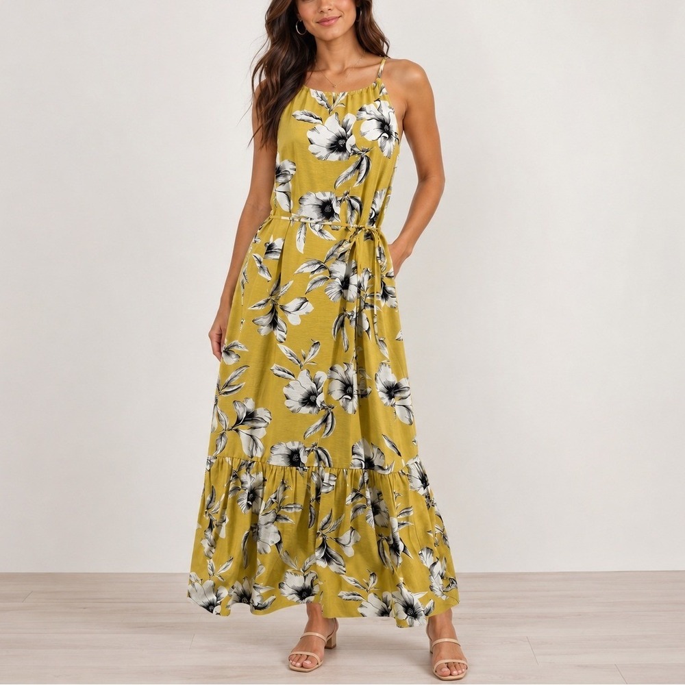 Banana Republic Sleeveless‎ Halter Maxi Dress 2 Yellow Floral Boho Summer